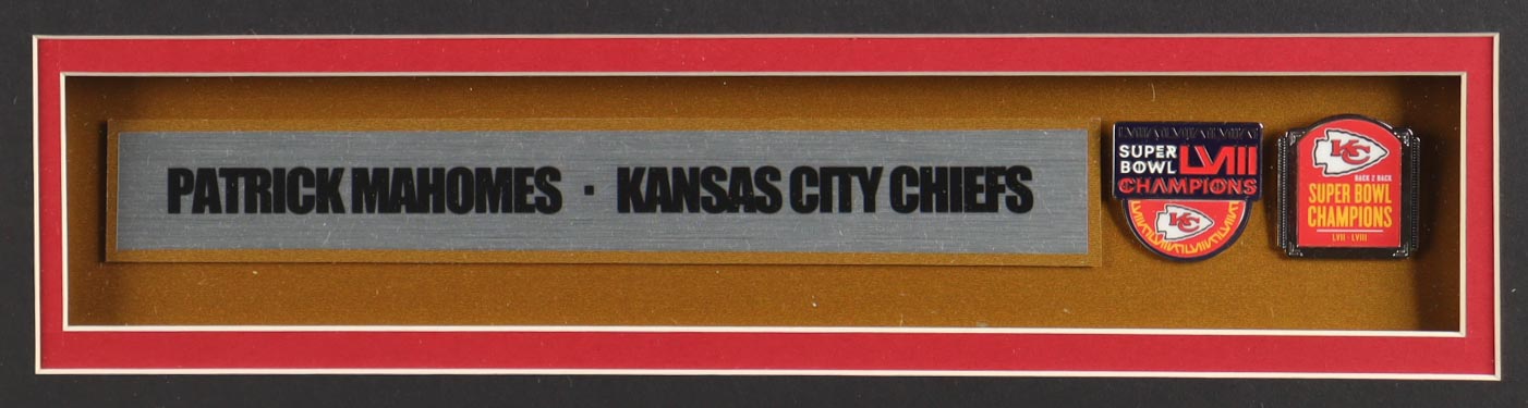 Patrick Mahomes Custom Framed Jersey Display with Stat Plaque & (2) Super Bowl Pins at PristineAuction.com Patrick Mahomes Custom Framed Jersey Display with Stat Plaque & (2) Super Bowl Pins at PristineAuction.com