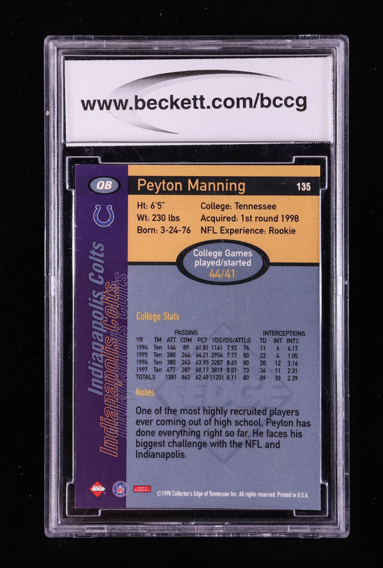 Peyton Manning 1998 Collector's Edge First Place #135 RC (BCCG 10) at PristineAuction.com Peyton Manning 1998 Collector's Edge First Place #135 RC (BCCG 10) at PristineAuction.com