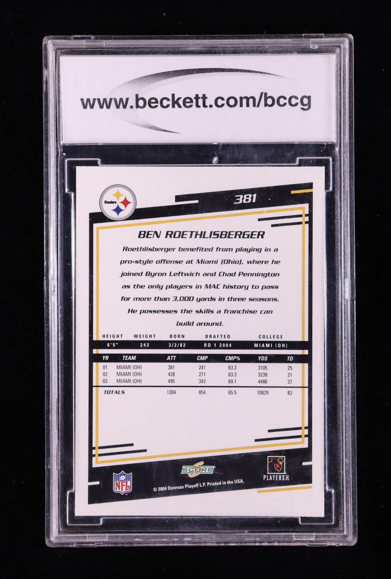 Ben Roethlisberger 2004 Score #381 RC (BCCG 10) at PristineAuction.com Ben Roethlisberger 2004 Score #381 RC (BCCG 10) at PristineAuction.com