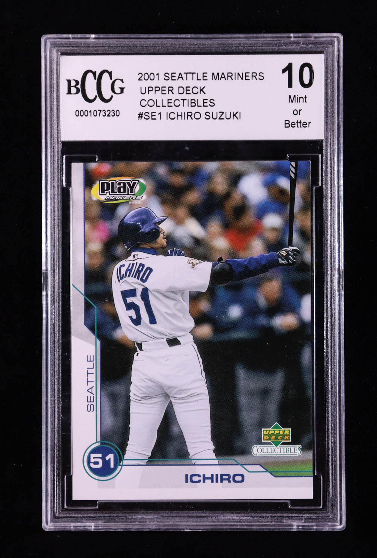 Ichiro Suzuki 2001 Upper Deck Collectibles Playmakers #SE1 RC (BCCG 10) at PristineAuction.com Ichiro Suzuki 2001 Upper Deck Collectibles Playmakers #SE1 RC (BCCG 10) at PristineAuction.com