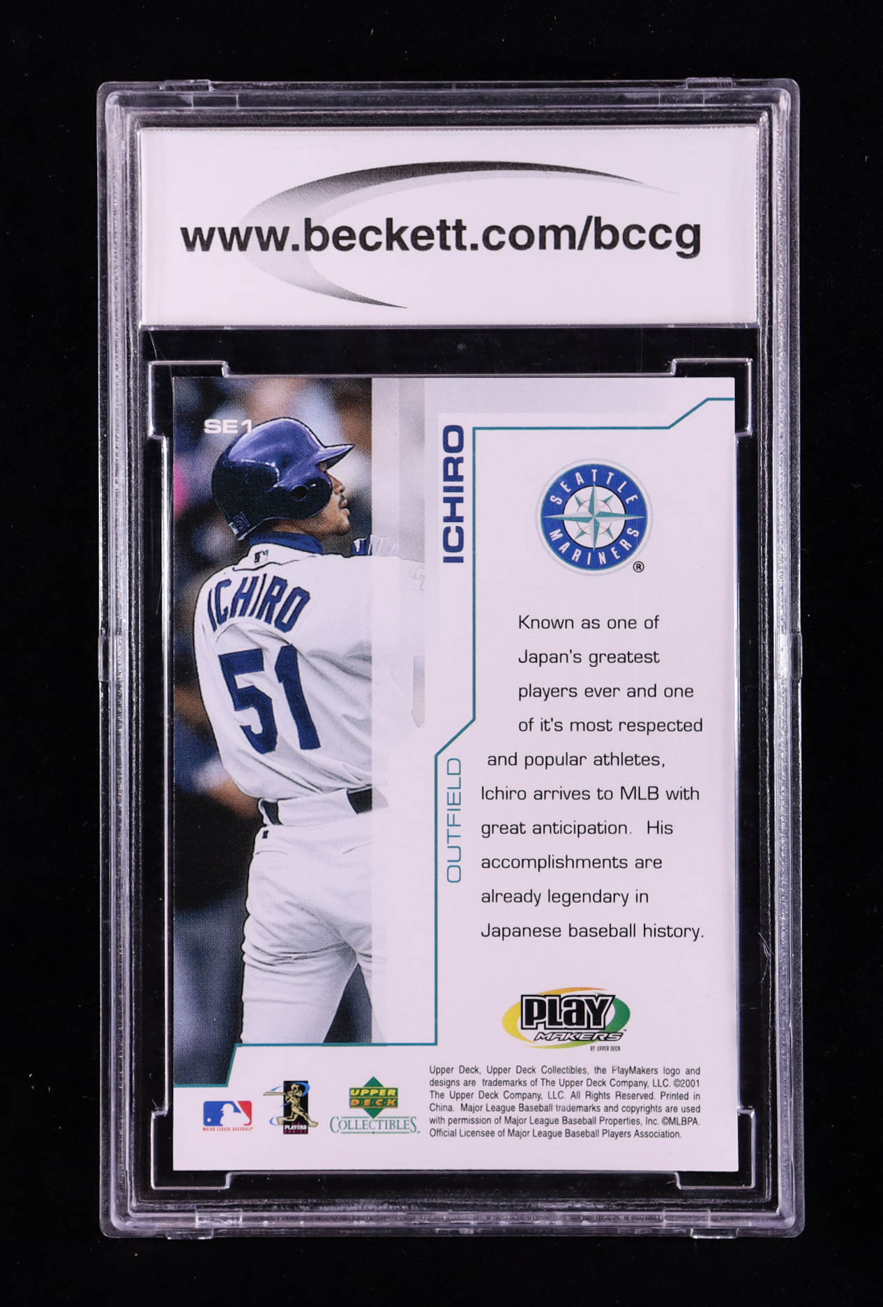 Ichiro Suzuki 2001 Upper Deck Collectibles Playmakers #SE1 RC (BCCG 10) at PristineAuction.com Ichiro Suzuki 2001 Upper Deck Collectibles Playmakers #SE1 RC (BCCG 10) at PristineAuction.com