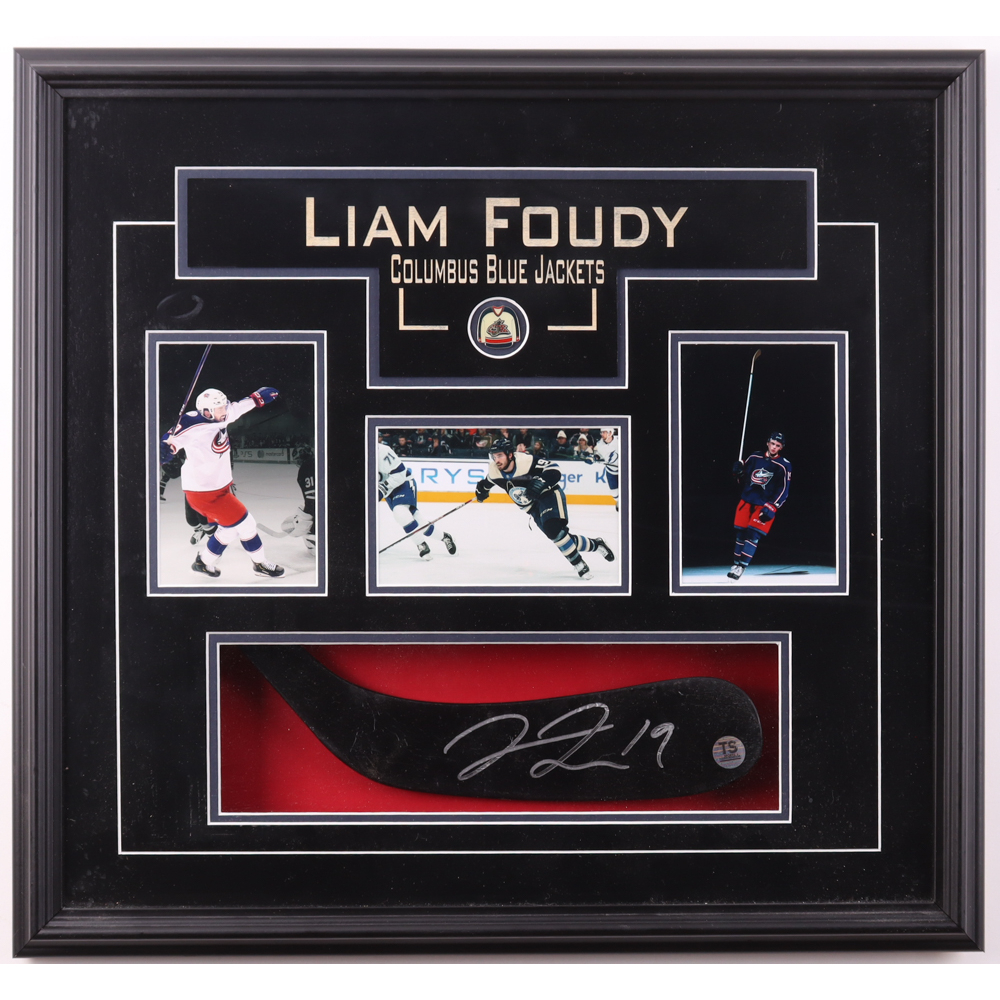 Liam Foudy Signed Blue Jackets Custom Framed Hockey Blade Display with Blue Jacket Pin & (3) Photos (TS Sports Memorabilia) at PristineAuction.com