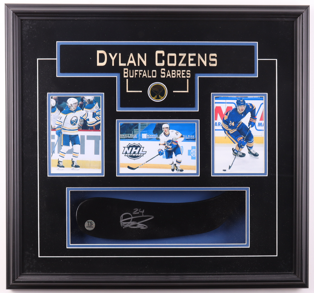 Dylan Cozens Signed Sabres Custom Framed Hockey Blade Display with Sabres Pin & (3) Photos (TS Sports Memorabilia) at PristineAuction.com Dylan Cozens Signed Sabres Custom Framed Hockey Blade Display with Sabres Pin & (3) Photos (TS Sports Memorabilia) at PristineAuction.com