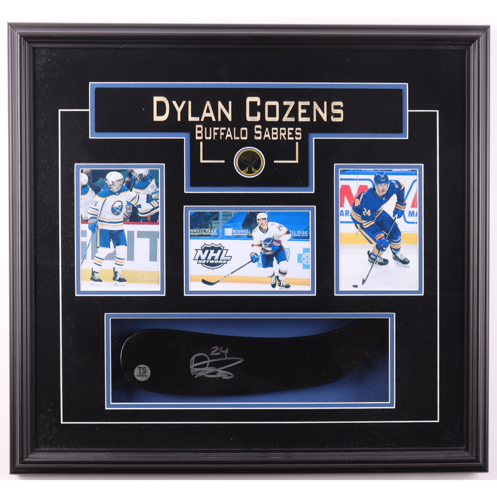 Dylan Cozens Signed Sabres Custom Framed Hockey Blade Display with Sabres Pin & (3) Photos (TS Sports Memorabilia) at PristineAuction.com