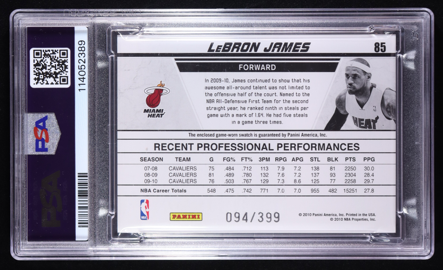 LeBron James 2010-11 Donruss Production Line Materials #85 #094/399 (PSA 9) at PristineAuction.com LeBron James 2010-11 Donruss Production Line Materials #85 #094/399 (PSA 9) at PristineAuction.com