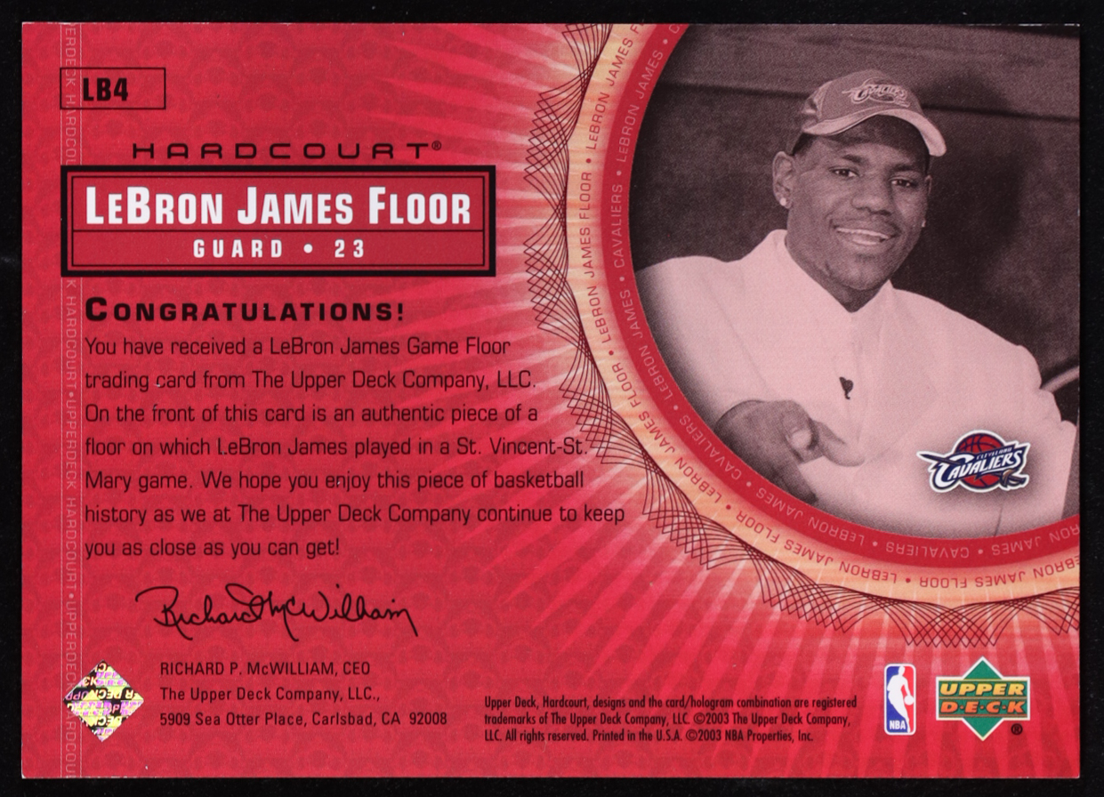 LeBron James 2003-04 Upper Deck Hardcourt LeBron James Floor #LB4 RC / White Suit Red Hat at PristineAuction.com LeBron James 2003-04 Upper Deck Hardcourt LeBron James Floor #LB4 RC / White Suit Red Hat at PristineAuction.com