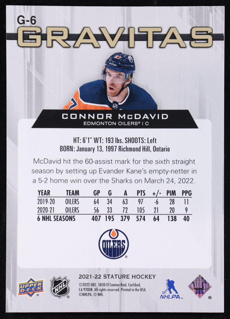 Connor McDavid 2021-22 Upper Deck Stature Gravitas Green #G6 #121/125 at PristineAuction.com Connor McDavid 2021-22 Upper Deck Stature Gravitas Green #G6 #121/125 at PristineAuction.com