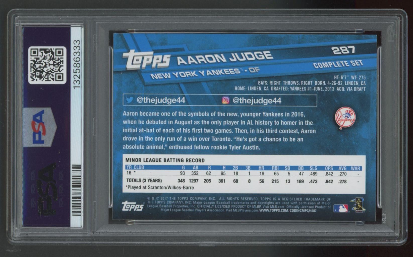 Aaron Judge 2017 Topps Complete Set Exclusives / Running #287 (PSA 9) at PristineAuction.com Aaron Judge 2017 Topps Complete Set Exclusives / Running #287 (PSA 9) at PristineAuction.com