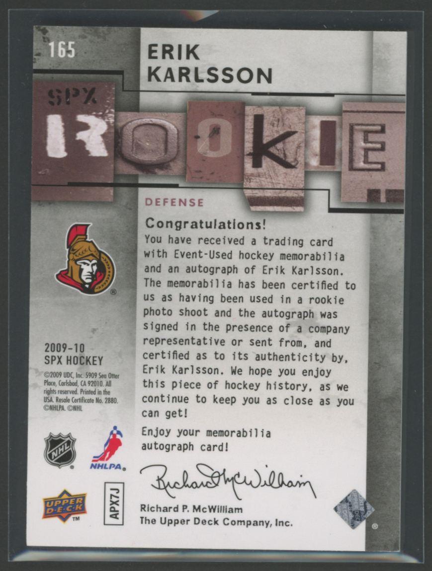 Erik Karlsson 2009-10 SPx Jersey Autograph #165 #768/799 RC at PristineAuction.com Erik Karlsson 2009-10 SPx Jersey Autograph #165 #768/799 RC at PristineAuction.com