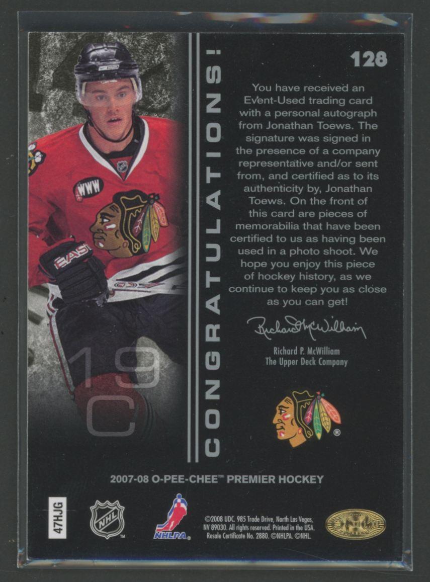 Jonathan Toews 2007-08 OPC Premier Jersey Autograph #128 RC #182/299 at PristineAuction.com Jonathan Toews 2007-08 OPC Premier Jersey Autograph #128 RC #182/299 at PristineAuction.com