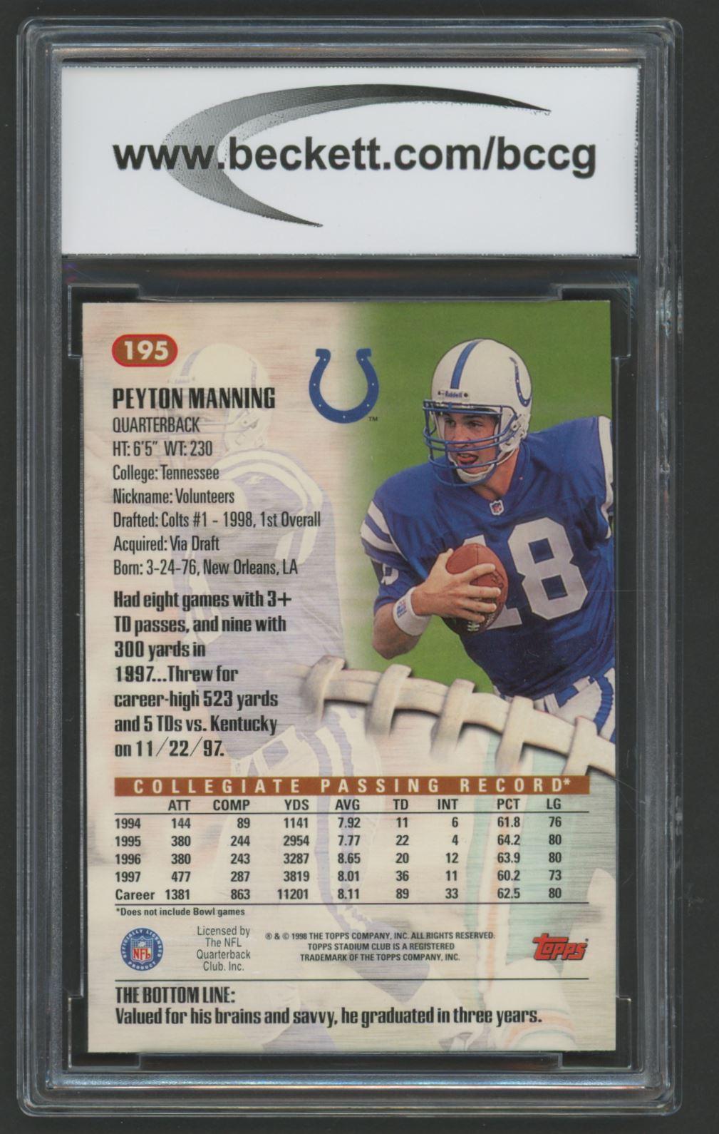 Peyton Manning 1998 Stadium Club #195 RC (BCCG 10) at PristineAuction.com Peyton Manning 1998 Stadium Club #195 RC (BCCG 10) at PristineAuction.com
