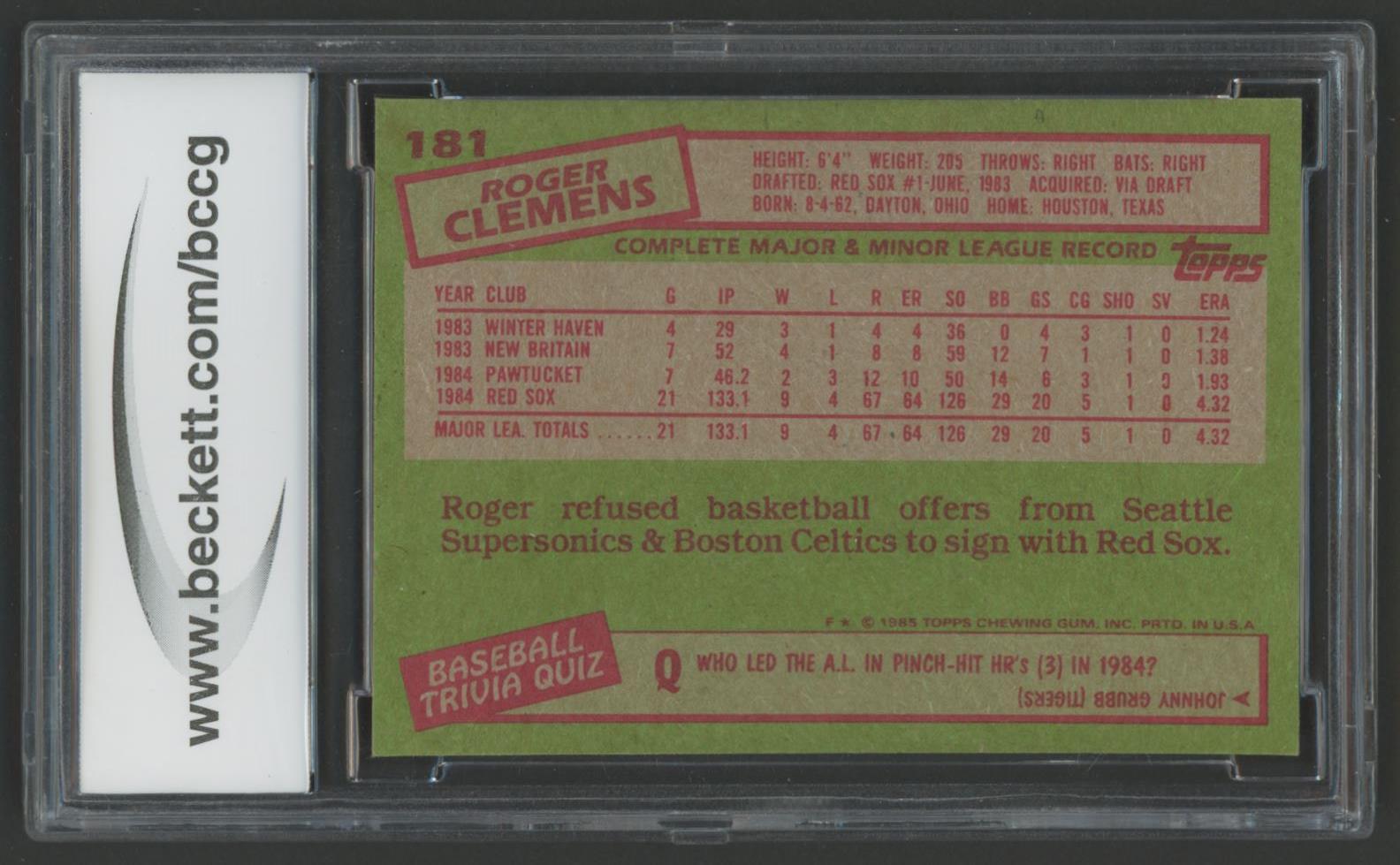 Roger Clemens 1985 Topps #181 RC (BCCG 9) at PristineAuction.com Roger Clemens 1985 Topps #181 RC (BCCG 9) at PristineAuction.com