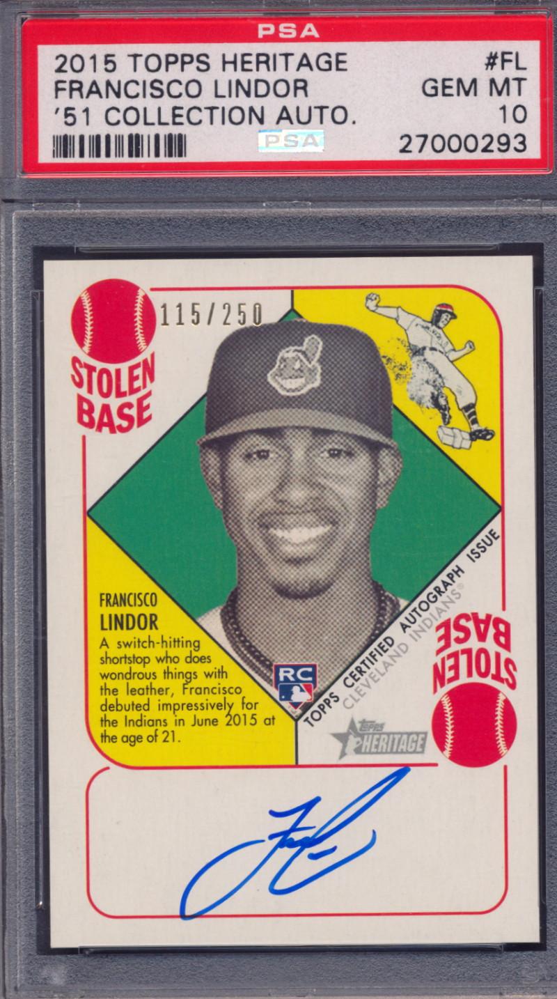 Francisco Lindor 2015 Topps Heritage '51 Collection Autographs #H51AFL RC #115/250 (PSA 10) at PristineAuction.com Francisco Lindor 2015 Topps Heritage '51 Collection Autographs #H51AFL RC #115/250 (PSA 10) at PristineAuction.com