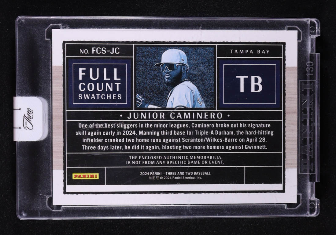 Junior Caminero 2024 Panini Three and Two Full Count Swatches Holo Gold #40 #01/10 RC at PristineAuction.com Junior Caminero 2024 Panini Three and Two Full Count Swatches Holo Gold #40 #01/10 RC at PristineAuction.com
