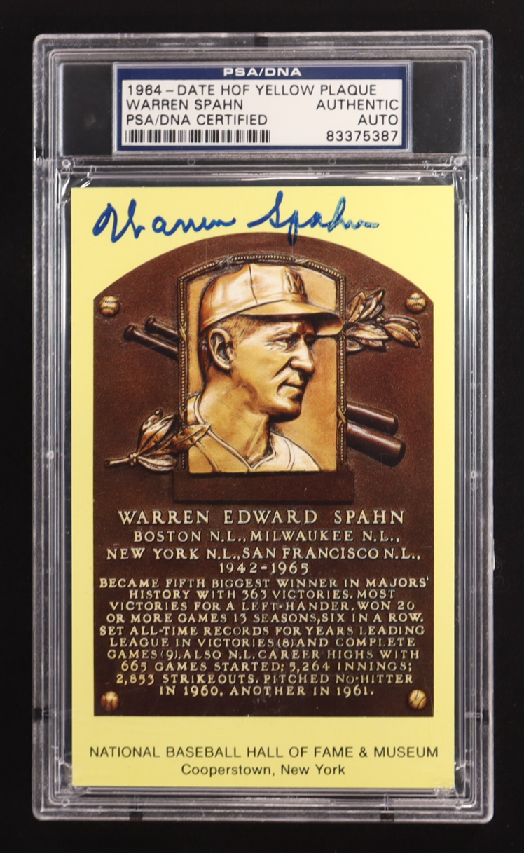 Warren Spahn Signed 1964 Date HOF Yellow Plaque Postcard (PSA) at PristineAuction.com Warren Spahn Signed 1964 Date HOF Yellow Plaque Postcard (PSA) at PristineAuction.com