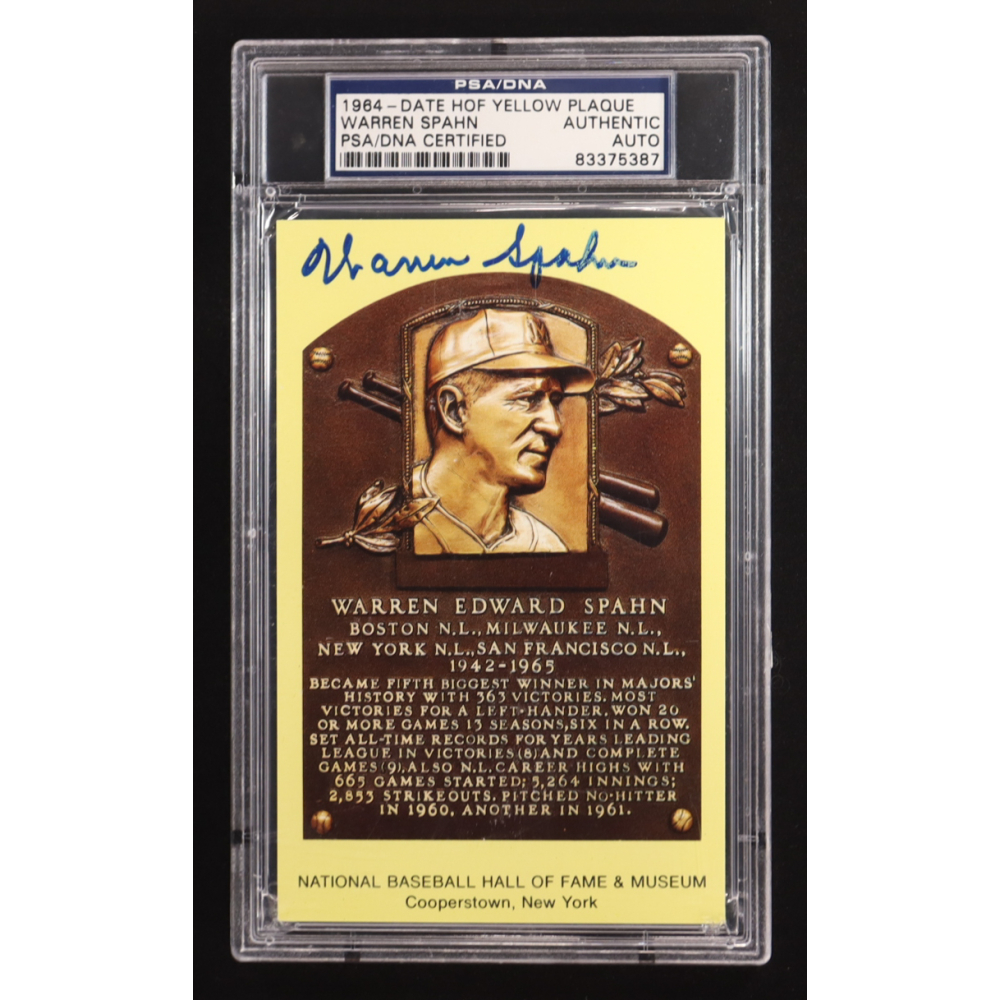 Warren Spahn Signed 1964 Date HOF Yellow Plaque Postcard (PSA) at PristineAuction.com