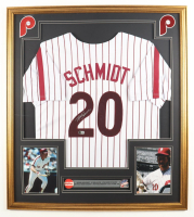 Mike Schmidt Signed Custom Framed Jersey Display with 1980 World Series Pin & Phillies Logo Lapel Pin (Beckett) at PristineAuction.com