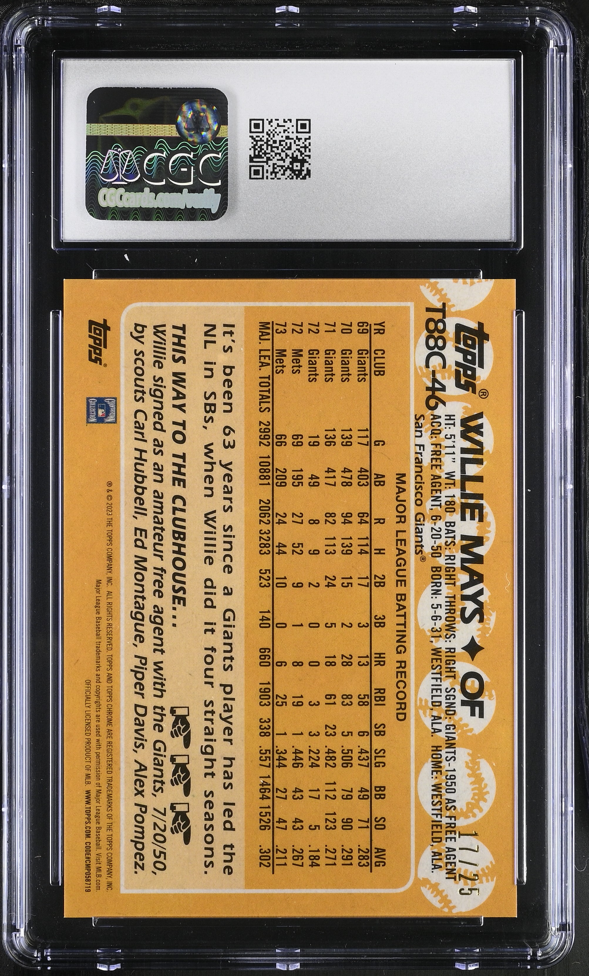 Willie Mays 2023 Topps '88 Silver Pack Orange #T88C-46 #17/25 (CGC 8.5) at PristineAuction.com Willie Mays 2023 Topps '88 Silver Pack Orange #T88C-46 #17/25 (CGC 8.5) at PristineAuction.com