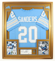 Barry Sanders Signed Custom Framed Cut Display with Jersey & Photos & HOF Induction Pin (PSA) at PristineAuction.com