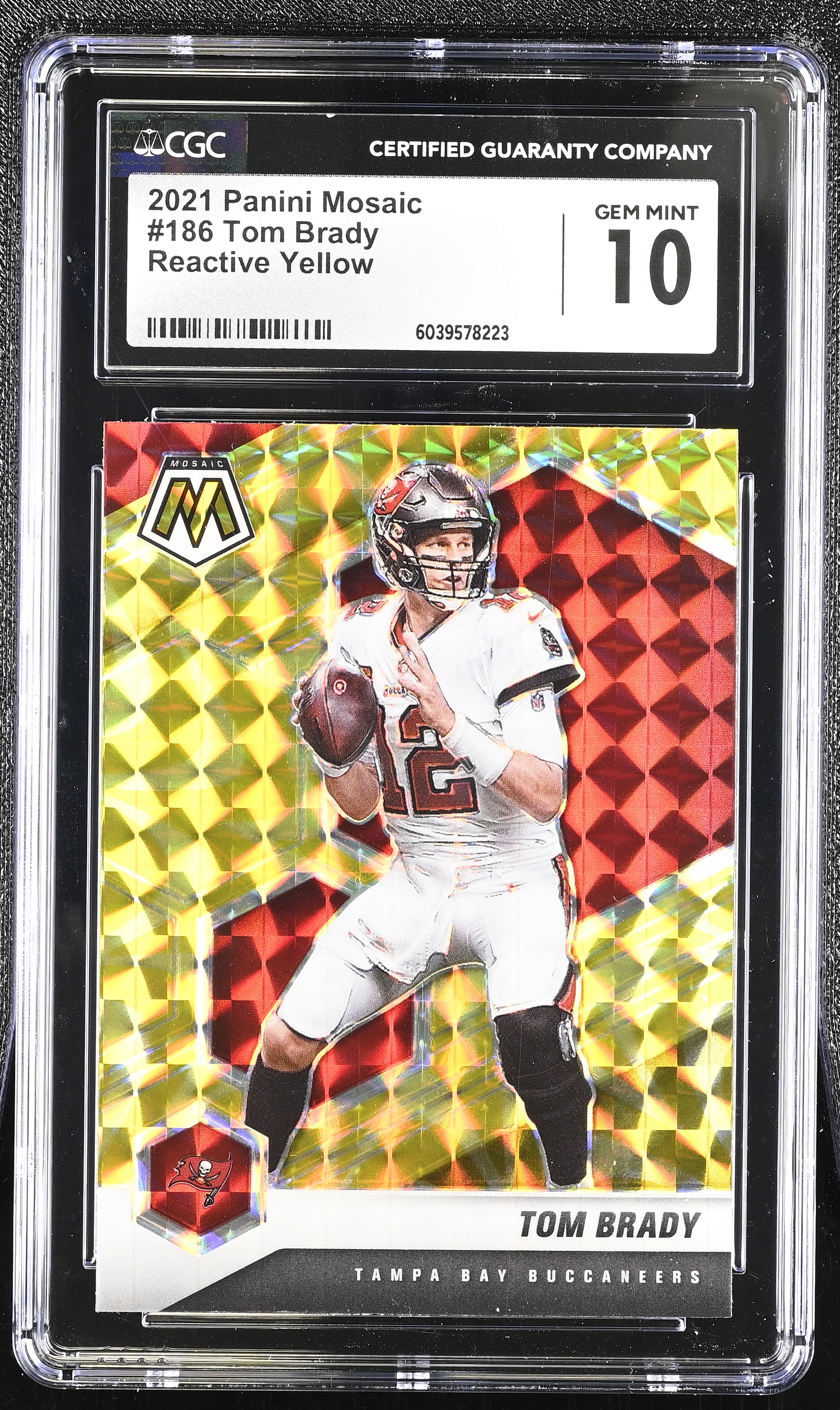Tom Brady 2021 Panini Mosaic Reactive Yellow #186 (CGC 10) at PristineAuction.com Tom Brady 2021 Panini Mosaic Reactive Yellow #186 (CGC 10) at PristineAuction.com