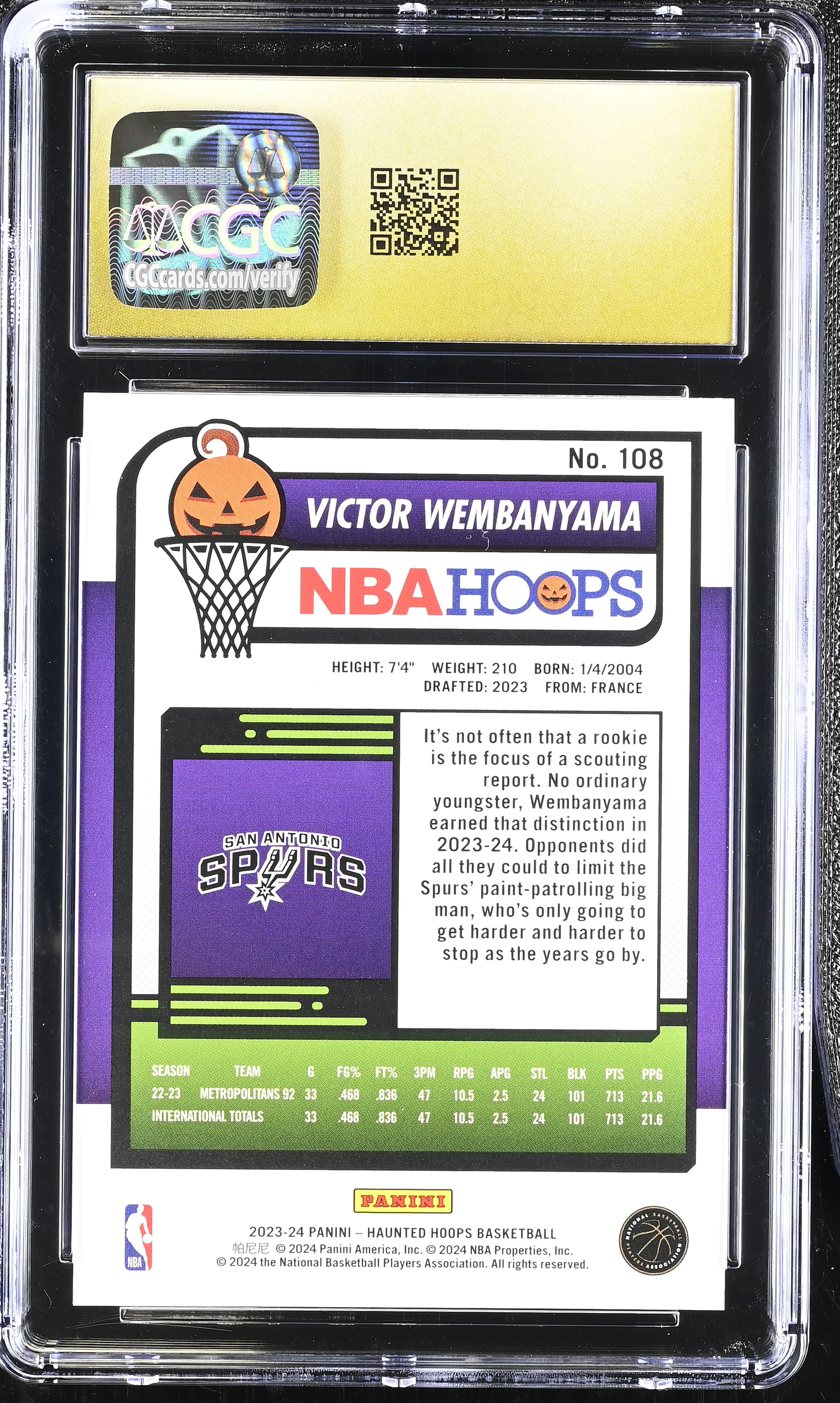 Victor Wembanyama 2023-24 Panini Haunted Hoops #108 RC (CGC PRISTINE 10 | Black Label) at PristineAuction.com Victor Wembanyama 2023-24 Panini Haunted Hoops #108 RC (CGC PRISTINE 10 | Black Label) at PristineAuction.com