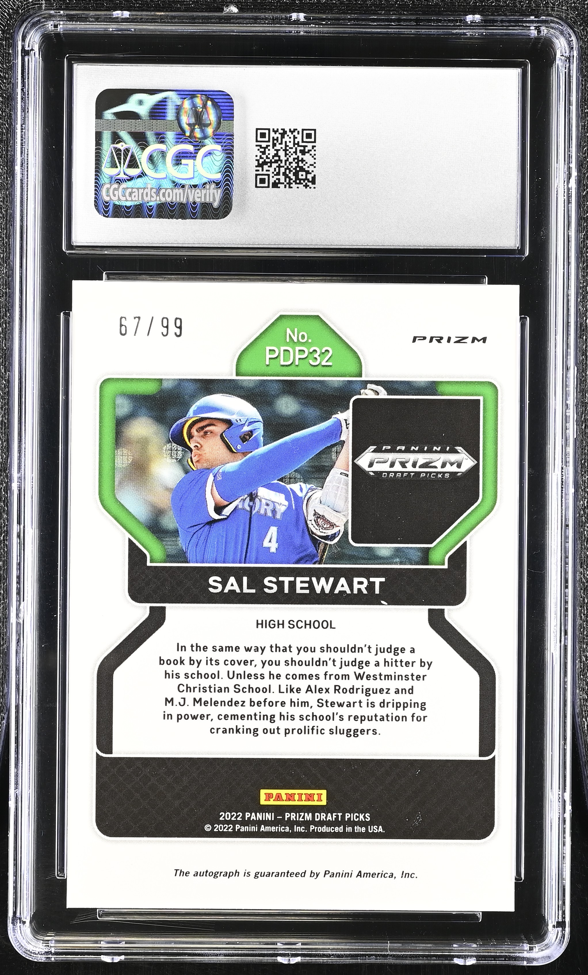 Sal Stewart 2022 Panini Prizm Draft Picks Autographs Blue #PDP32 #67/99 (CGC 9 | Autograph Grade 10) at PristineAuction.com Sal Stewart 2022 Panini Prizm Draft Picks Autographs Blue #PDP32 #67/99 (CGC 9 | Autograph Grade 10) at PristineAuction.com