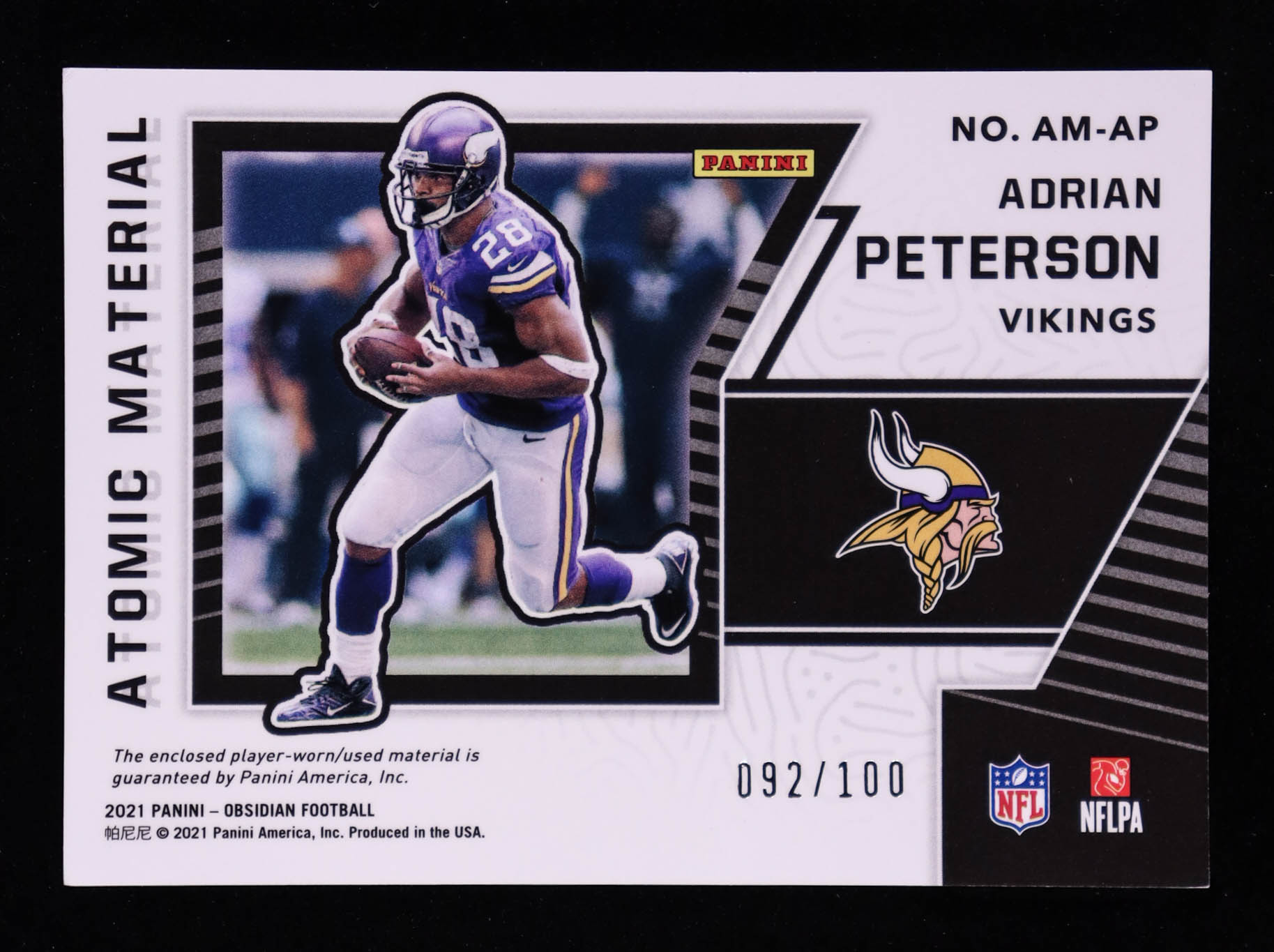 Adrian Peterson 2021 Panini Obsidian Atomic Materials #1 #092/100 at PristineAuction.com Adrian Peterson 2021 Panini Obsidian Atomic Materials #1 #092/100 at PristineAuction.com