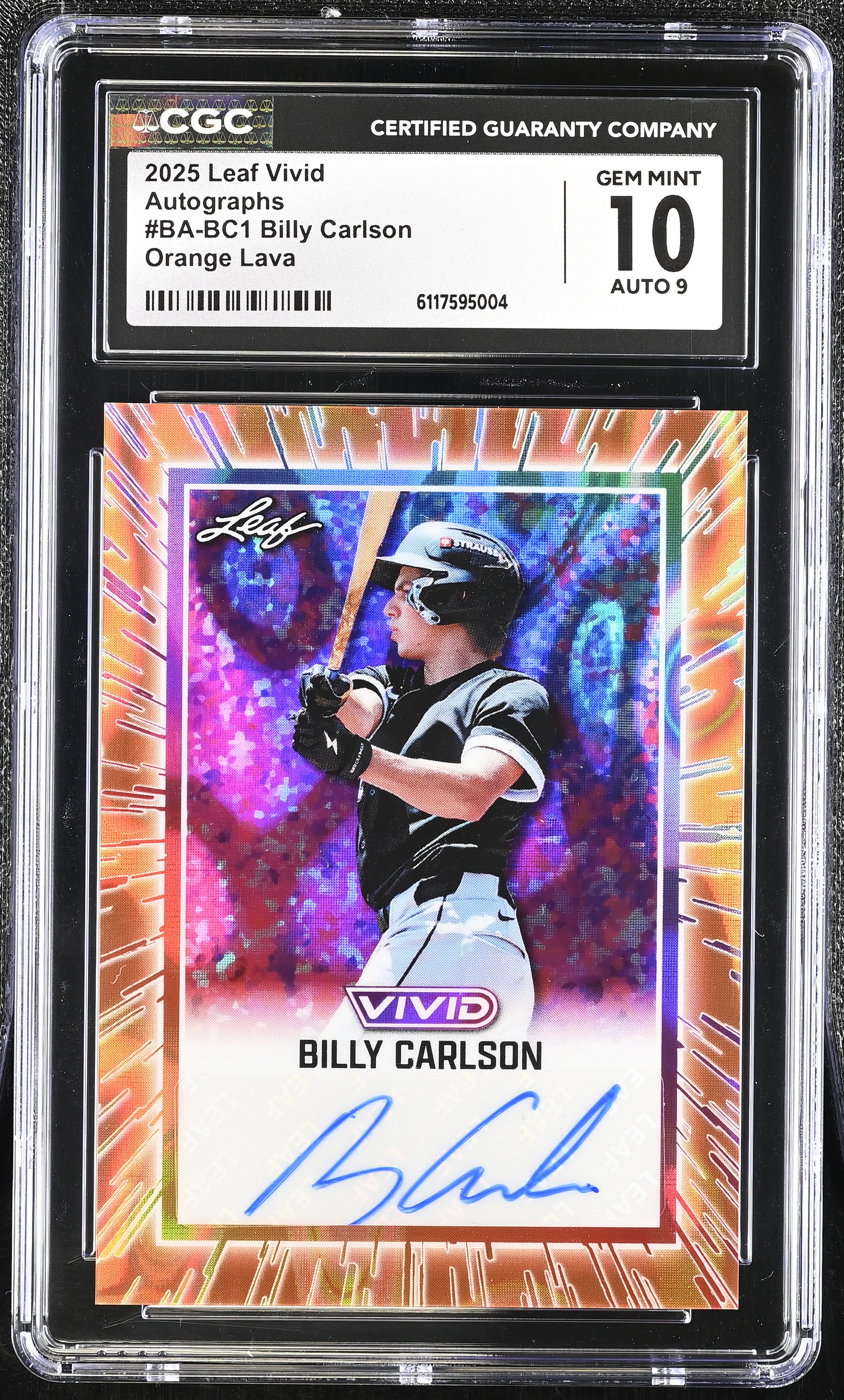 Billy Carlson 2025 Leaf Vivid Autographs Orange Lava #BA-BC1 #2/4 (CGC 10 | Autograph Grade 9) at PristineAuction.com Billy Carlson 2025 Leaf Vivid Autographs Orange Lava #BA-BC1 #2/4 (CGC 10 | Autograph Grade 9) at PristineAuction.com