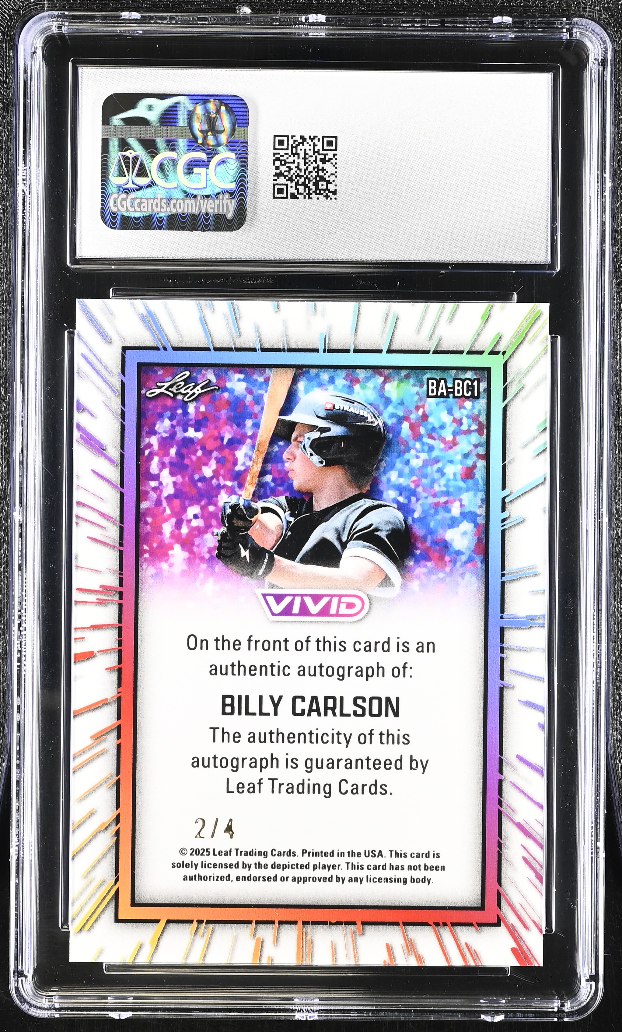 Billy Carlson 2025 Leaf Vivid Autographs Orange Lava #BA-BC1 #2/4 (CGC 10 | Autograph Grade 9) at PristineAuction.com Billy Carlson 2025 Leaf Vivid Autographs Orange Lava #BA-BC1 #2/4 (CGC 10 | Autograph Grade 9) at PristineAuction.com