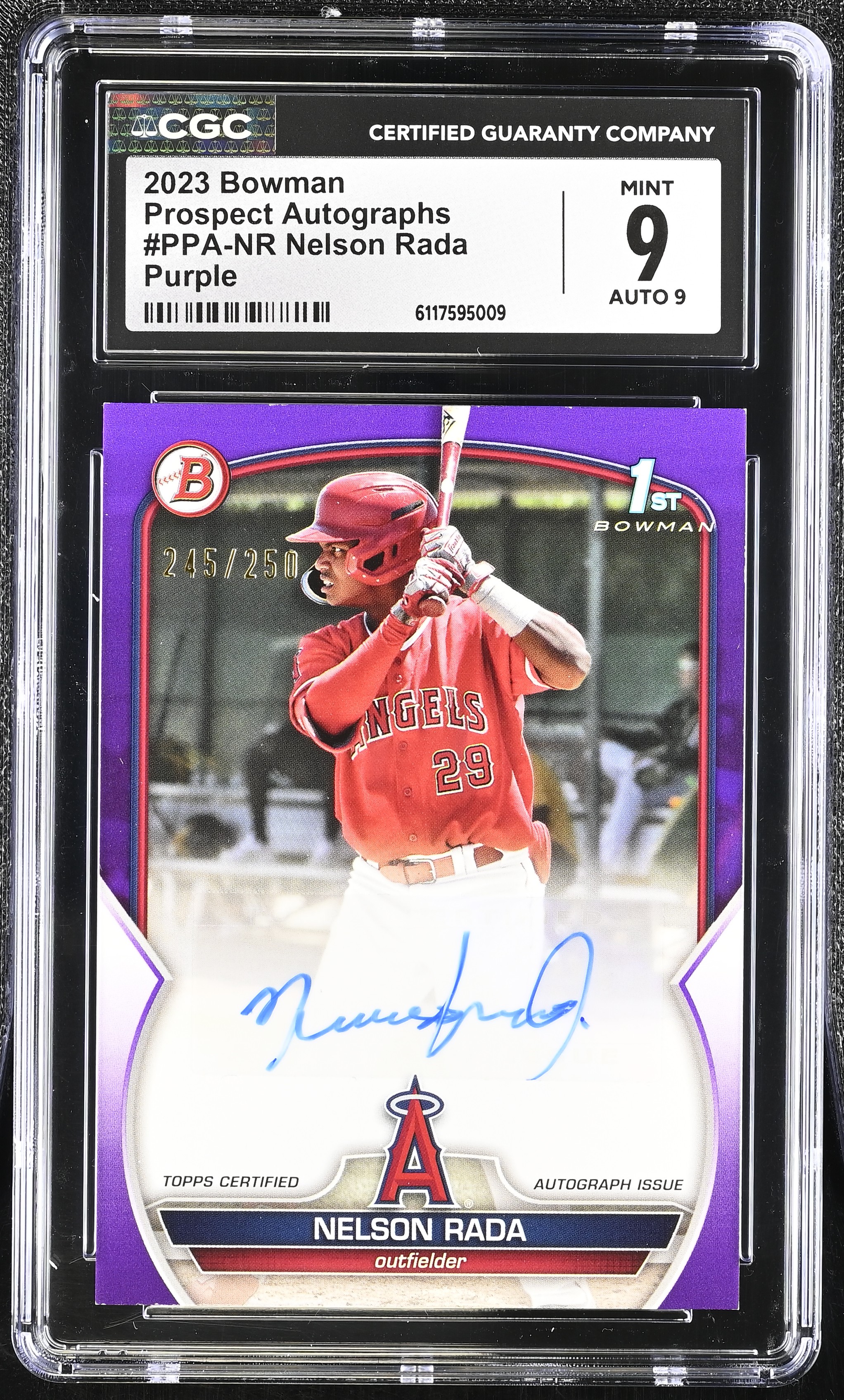 Nelson Rada 2023 Bowman Prospect Autographs Purple #PPA-NR #245/250 (CGC 9 | Autograph Grade 9) at PristineAuction.com Nelson Rada 2023 Bowman Prospect Autographs Purple #PPA-NR #245/250 (CGC 9 | Autograph Grade 9) at PristineAuction.com