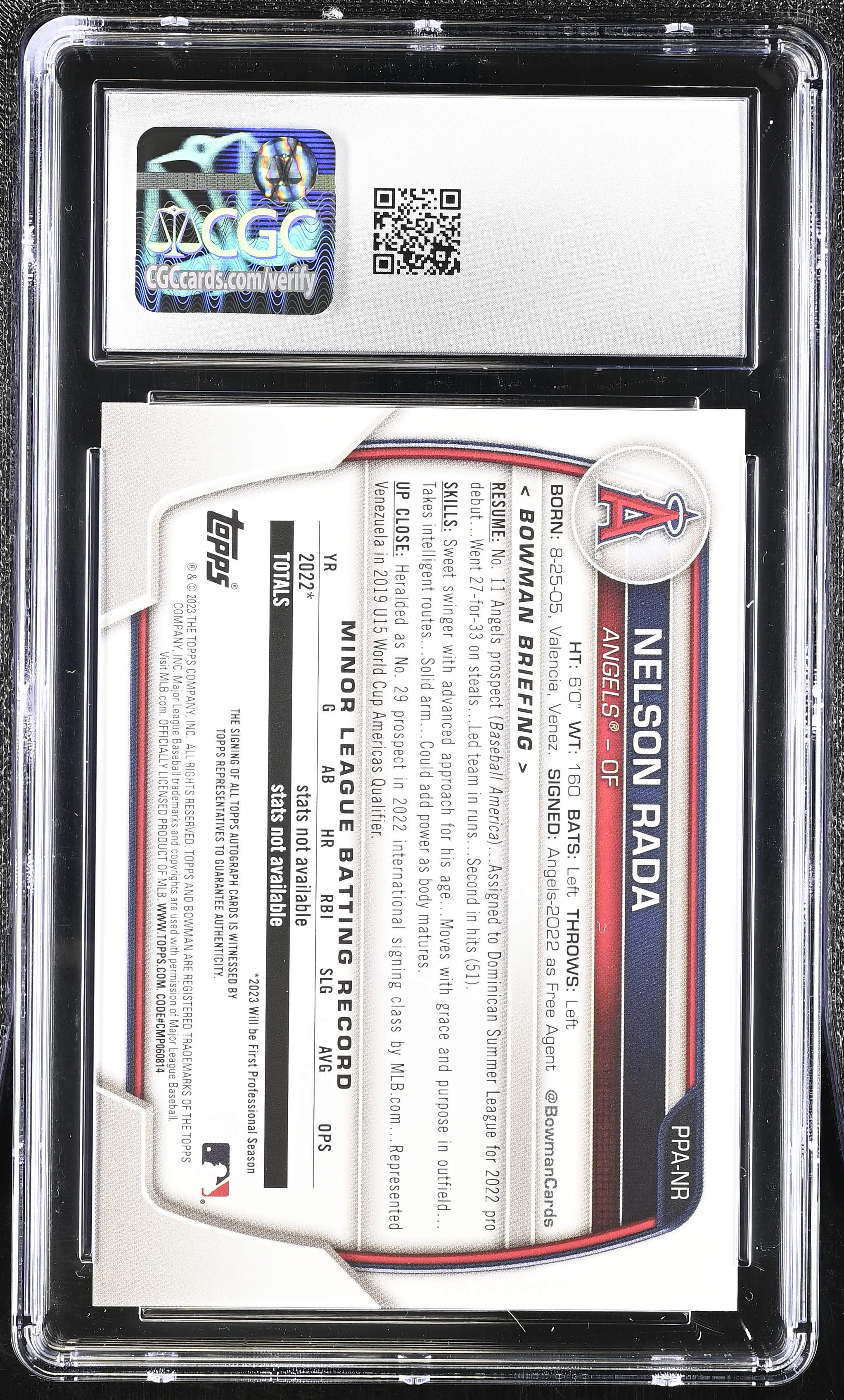 Nelson Rada 2023 Bowman Prospect Autographs Purple #PPA-NR #245/250 (CGC 9 | Autograph Grade 9) at PristineAuction.com Nelson Rada 2023 Bowman Prospect Autographs Purple #PPA-NR #245/250 (CGC 9 | Autograph Grade 9) at PristineAuction.com