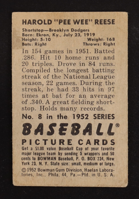 Pee Wee Reese 1952 Bowman #8 at PristineAuction.com Pee Wee Reese 1952 Bowman #8 at PristineAuction.com