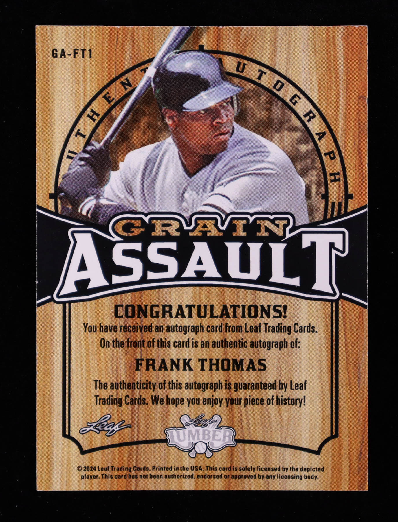 Frank Thomas 2024 Leaf Lumber Grain Assault Autographs #BAFT1 #18/35 at PristineAuction.com Frank Thomas 2024 Leaf Lumber Grain Assault Autographs #BAFT1 #18/35 at PristineAuction.com