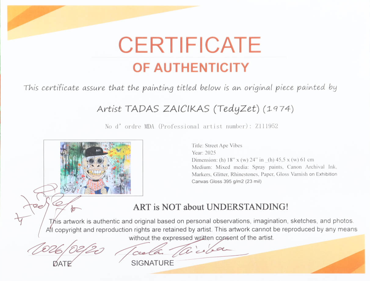 Tadas Zaicikas (TedyZet) "Street Ape Vibes" Original Painting on Wrapped Canvas (Zaicikas) at PristineAuction.com Tadas Zaicikas (TedyZet) "Street Ape Vibes" Original Painting on Wrapped Canvas (Zaicikas) at PristineAuction.com