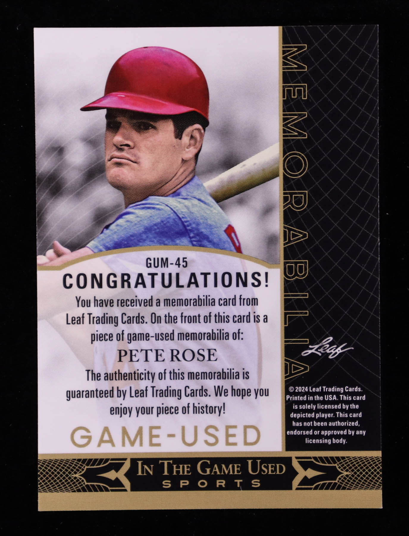 Pete Rose 2024 Leaf ITG Used Sports Memorabilia Crystal Rainbow #GUM45 #38/60 at PristineAuction.com Pete Rose 2024 Leaf ITG Used Sports Memorabilia Crystal Rainbow #GUM45 #38/60 at PristineAuction.com