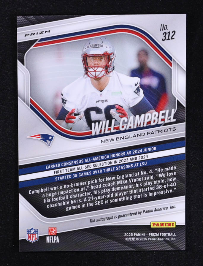 Will Campbell 2025 Panini Prizm Autographs Prizms No Huddle #312 RC at PristineAuction.com Will Campbell 2025 Panini Prizm Autographs Prizms No Huddle #312 RC at PristineAuction.com