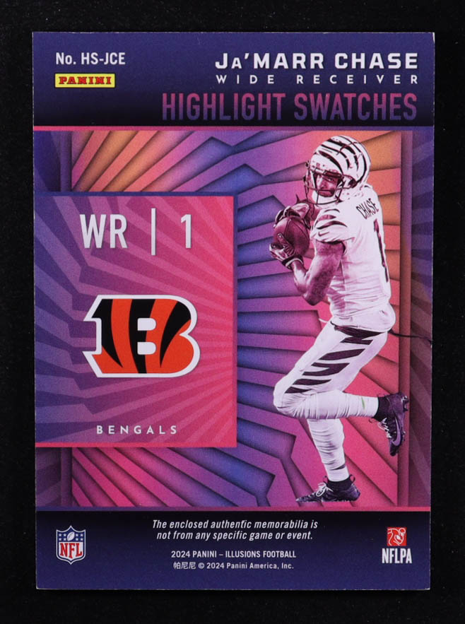 Ja'Marr Chase 2024 Panini Illusions Highlight Swatches Blue #9 #61/99 at PristineAuction.com Ja'Marr Chase 2024 Panini Illusions Highlight Swatches Blue #9 #61/99 at PristineAuction.com
