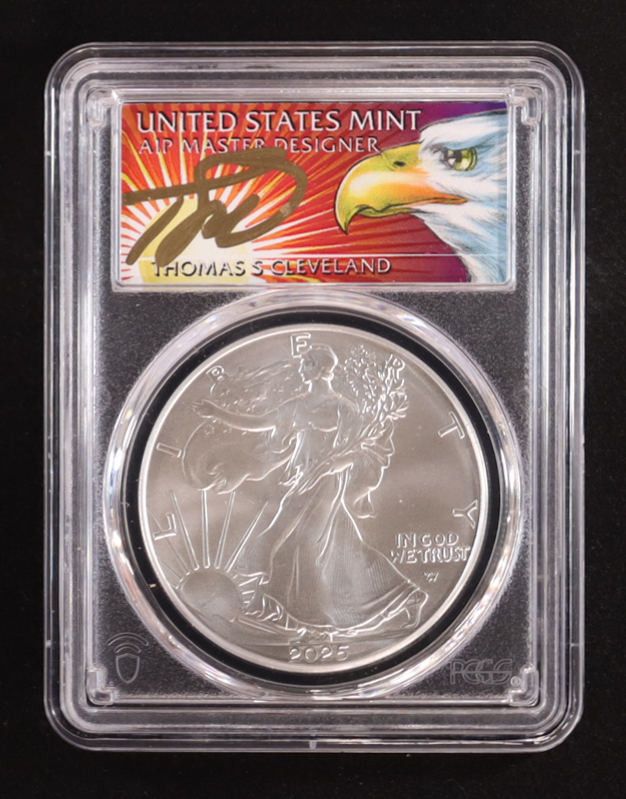 2025 American Silver Eagle, First Strike - Thomas S. Cleveland Signature Label #1/500 (PCGS MS70) at PristineAuction.com 2025 American Silver Eagle, First Strike - Thomas S. Cleveland Signature Label #1/500 (PCGS MS70) at PristineAuction.com