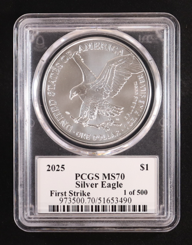 2025 American Silver Eagle, First Strike - Thomas S. Cleveland Signature Label #1/500 (PCGS MS70) at PristineAuction.com 2025 American Silver Eagle, First Strike - Thomas S. Cleveland Signature Label #1/500 (PCGS MS70) at PristineAuction.com
