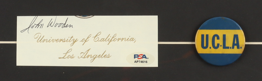 John Wooden Signed Custom Framed Cut Display with UCLA Lapel Pin (PSA) at PristineAuction.com John Wooden Signed Custom Framed Cut Display with UCLA Lapel Pin (PSA) at PristineAuction.com