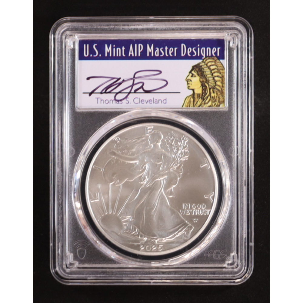 2025 American Silver Eagle, First Strike - Thomas S. Cleveland Signature Label #1/500 (PCGS MS70) at PristineAuction.com