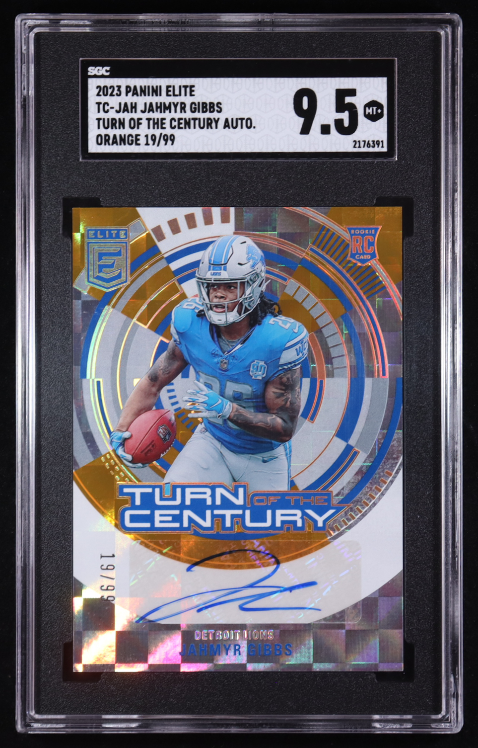 Jahmyr Gibbs 2023 Elite Turn of the Century Autographs Orange #11 RC #19/99 (SGC 9.5) at PristineAuction.com Jahmyr Gibbs 2023 Elite Turn of the Century Autographs Orange #11 RC #19/99 (SGC 9.5) at PristineAuction.com