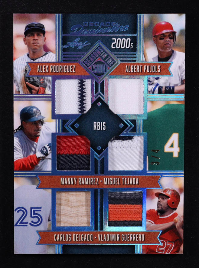 2025 Leaf Seasons in the Sun Decade Dominators Holo Blue Game-Used #DD-10 #3/4 Albert Pujols / Alex Rodriguez / Manny Ramirez / Miguel Tejada / Carlos Delgado / Vladimir Guerrero at PristineAuction.com 2025 Leaf Seasons in the Sun Decade Dominators Holo Blue Game-Used #DD-10 #3/4 Albert Pujols / Alex Rodriguez / Manny Ramirez / Miguel Tejada / Carlos Delgado / Vladimir Guerrero at PristineAuction.com