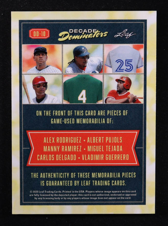 2025 Leaf Seasons in the Sun Decade Dominators Holo Blue Game-Used #DD-10 #3/4 Albert Pujols / Alex Rodriguez / Manny Ramirez / Miguel Tejada / Carlos Delgado / Vladimir Guerrero at PristineAuction.com 2025 Leaf Seasons in the Sun Decade Dominators Holo Blue Game-Used #DD-10 #3/4 Albert Pujols / Alex Rodriguez / Manny Ramirez / Miguel Tejada / Carlos Delgado / Vladimir Guerrero at PristineAuction.com