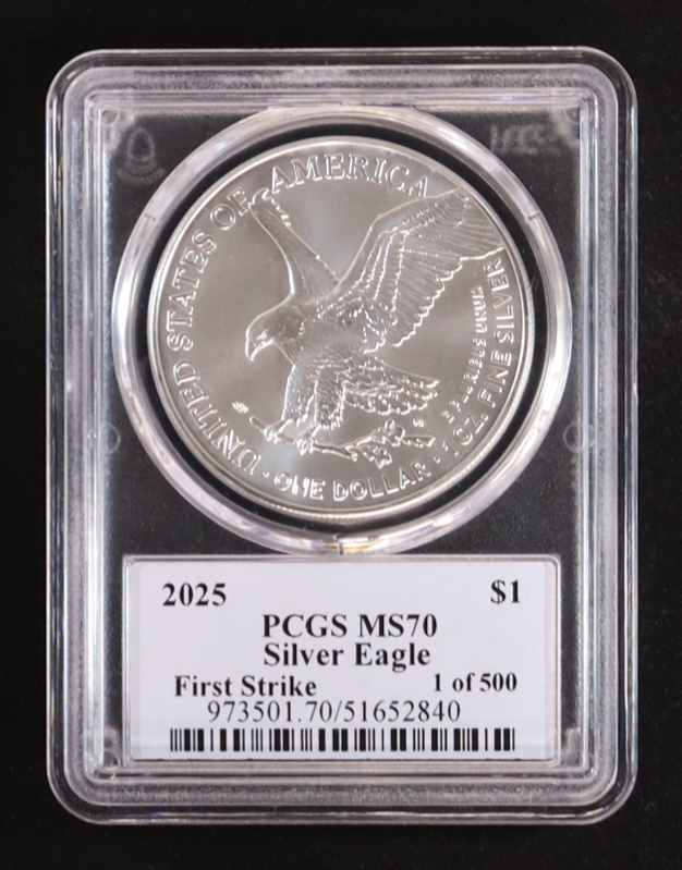 2025 American Silver Eagle, First Strike - Thomas S. Cleveland Signature Label #1/500 (PCGS MS70) at PristineAuction.com 2025 American Silver Eagle, First Strike - Thomas S. Cleveland Signature Label #1/500 (PCGS MS70) at PristineAuction.com