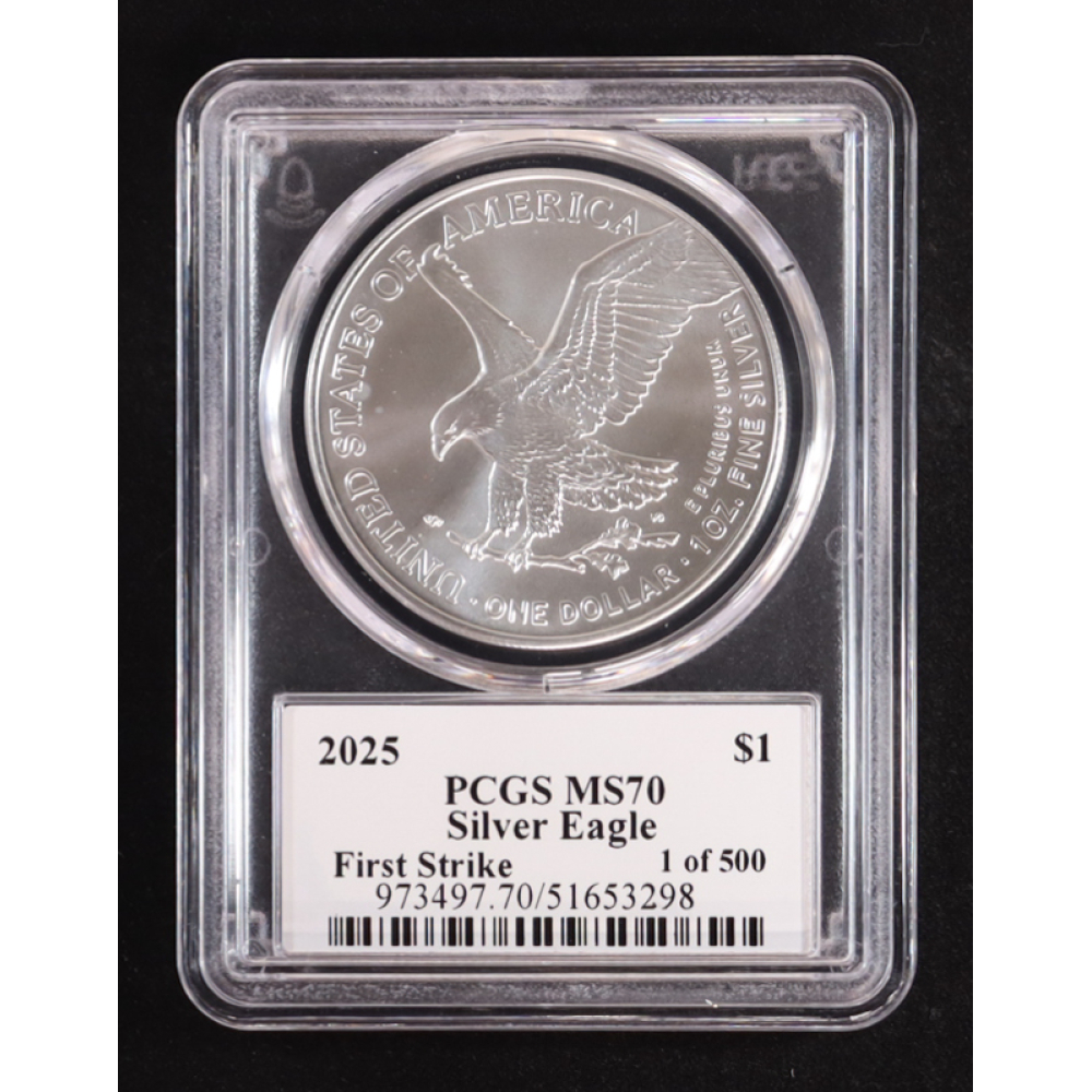 2025 American Silver Eagle, First Strike - Thomas S. Cleveland Signature Label #1/500 (PCGS MS70) at PristineAuction.com