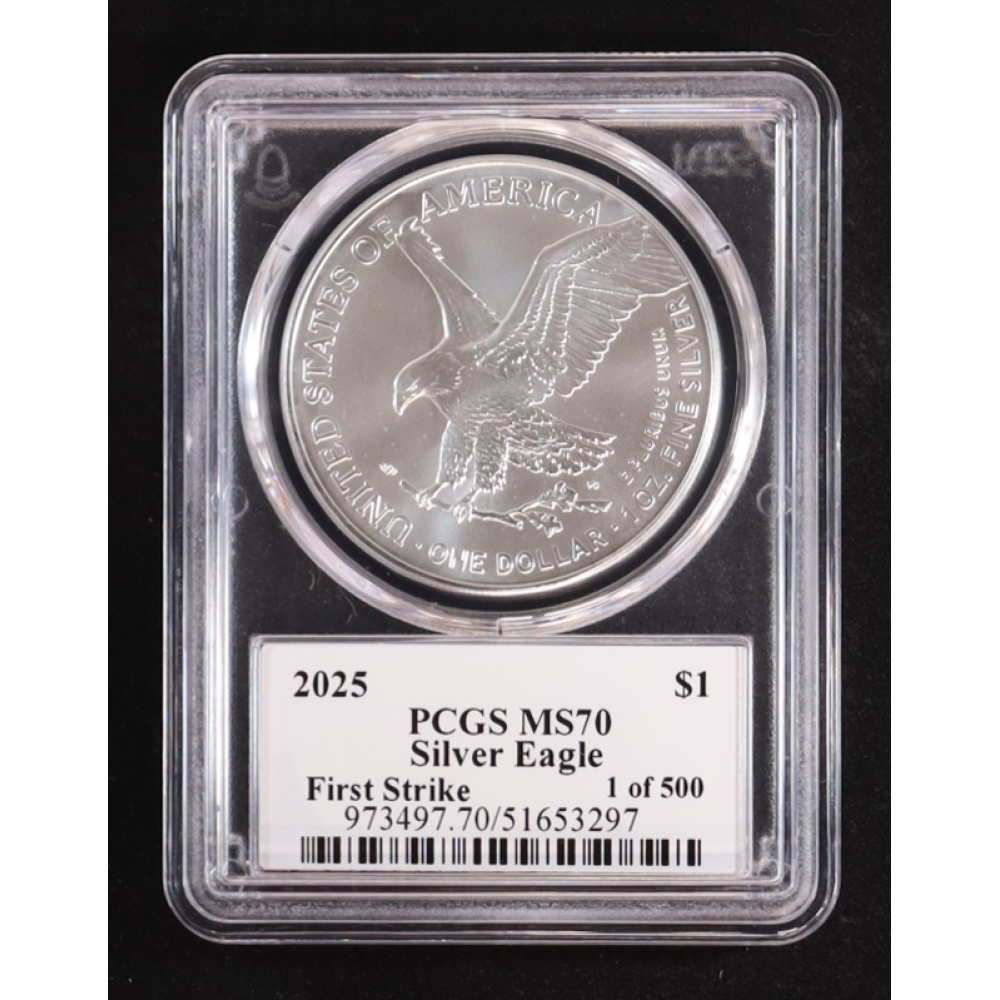 2025 American Silver Eagle, First Strike - Thomas S. Cleveland Signature Label #1/500 (PCGS MS70) at PristineAuction.com