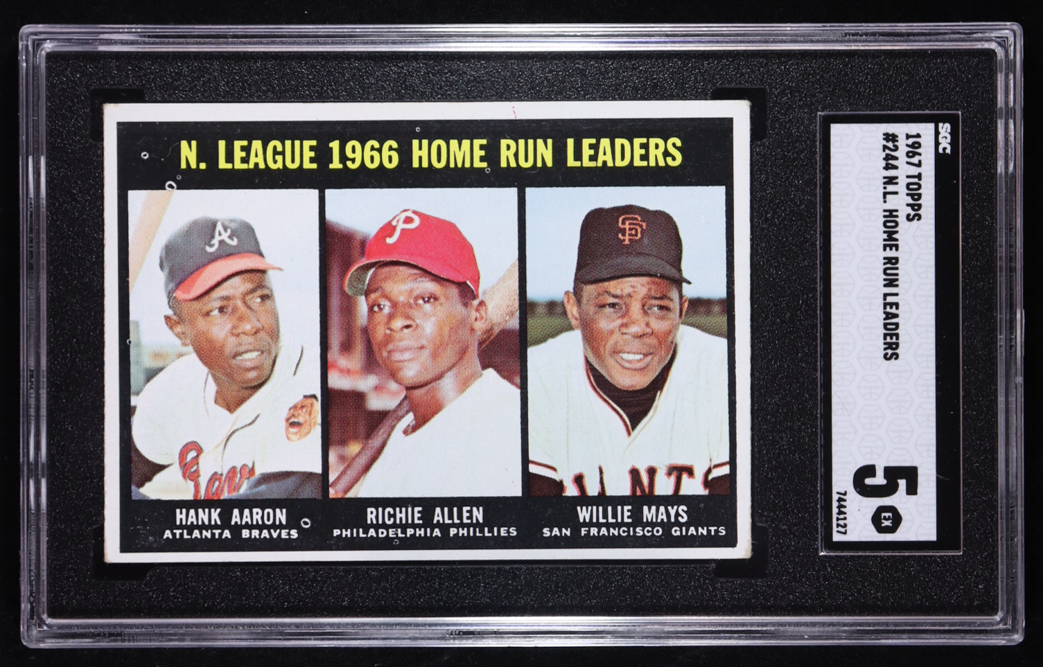 Hank Aaron / Richie Allen / Willie Mays 1967 Topps #244 NL Home Run Leaders (SGC 5) at PristineAuction.com Hank Aaron / Richie Allen / Willie Mays 1967 Topps #244 NL Home Run Leaders (SGC 5) at PristineAuction.com