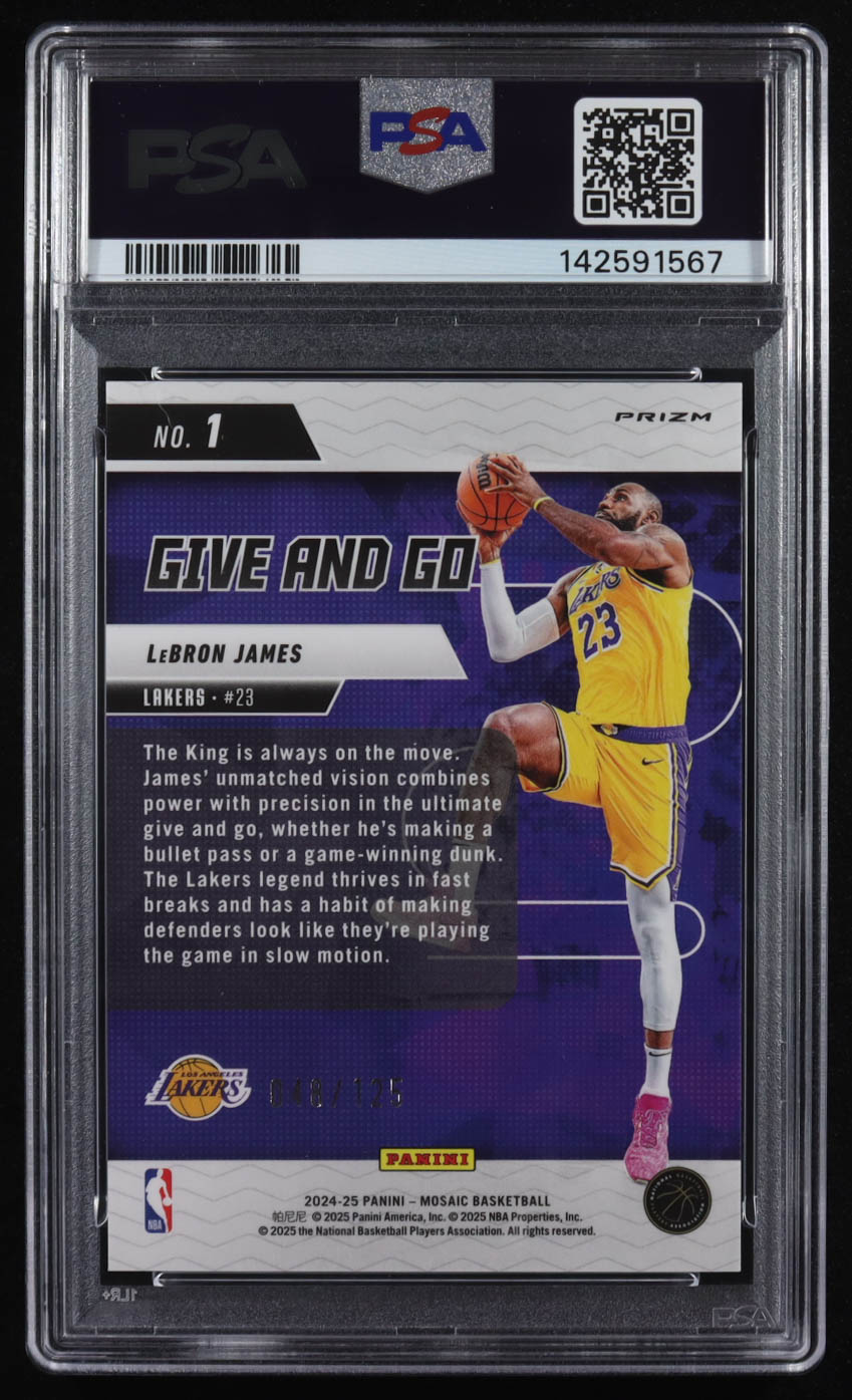LeBron James 2024-25 Panini Mosaic Give and Go Mosaic Ice #1 #048/125 (PSA 9) at PristineAuction.com LeBron James 2024-25 Panini Mosaic Give and Go Mosaic Ice #1 #048/125 (PSA 9) at PristineAuction.com