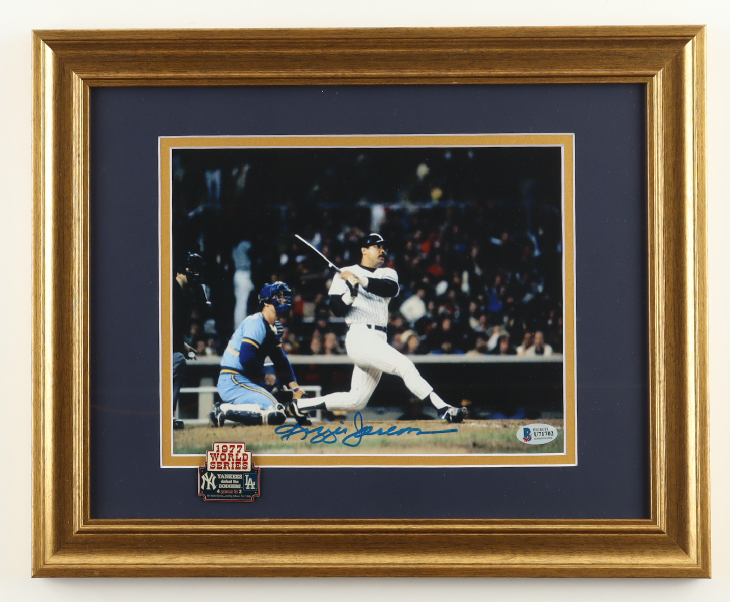 Reggie Jackson Signed Yankees Custom Framed Photos Display with 1977 World Series Pin (Beckett) at PristineAuction.com Reggie Jackson Signed Yankees Custom Framed Photos Display with 1977 World Series Pin (Beckett) at PristineAuction.com